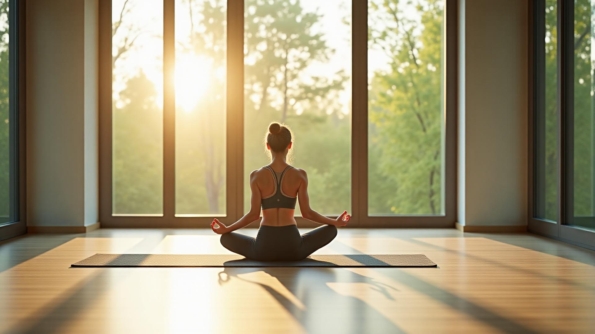 A focused individual practicing mindful yoga in a sun-drenched, modern wellness studio