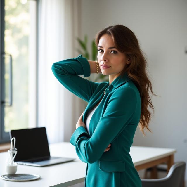 A young professional doing a quick mobility stretch in a modern home office environment