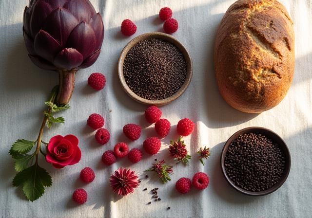 Artfully arranged selection of high-fiber prebiotic foods like legumes, berries, and complex grains