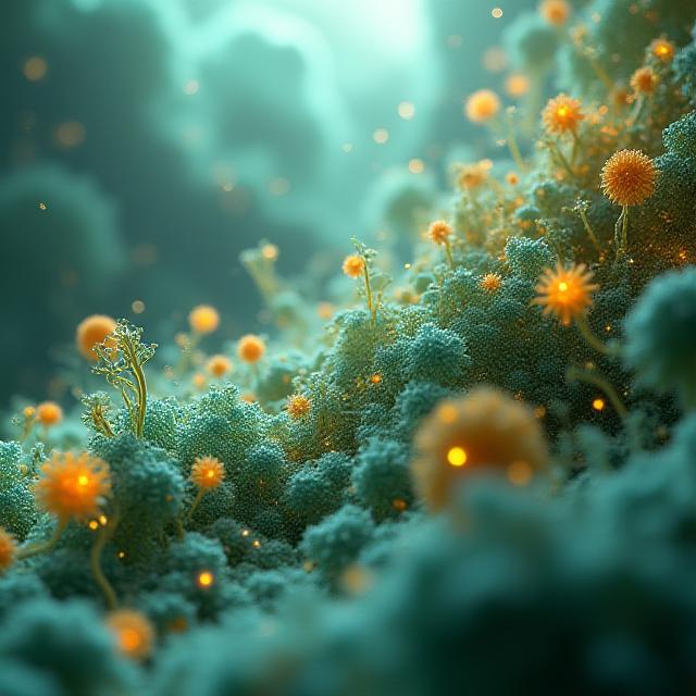 Abstract artistic representation of a healthy human microbiome with vibrant cellular structures