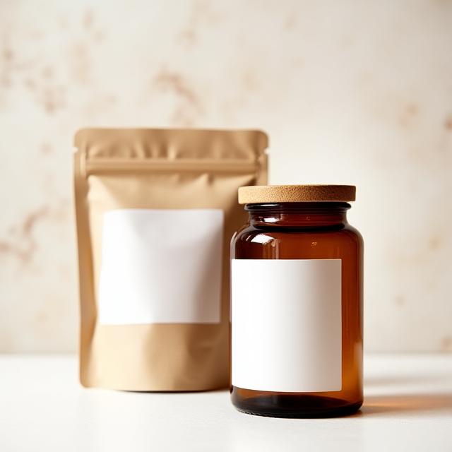 Elegant reusable glass supplement jar next to a compostable refill pouch